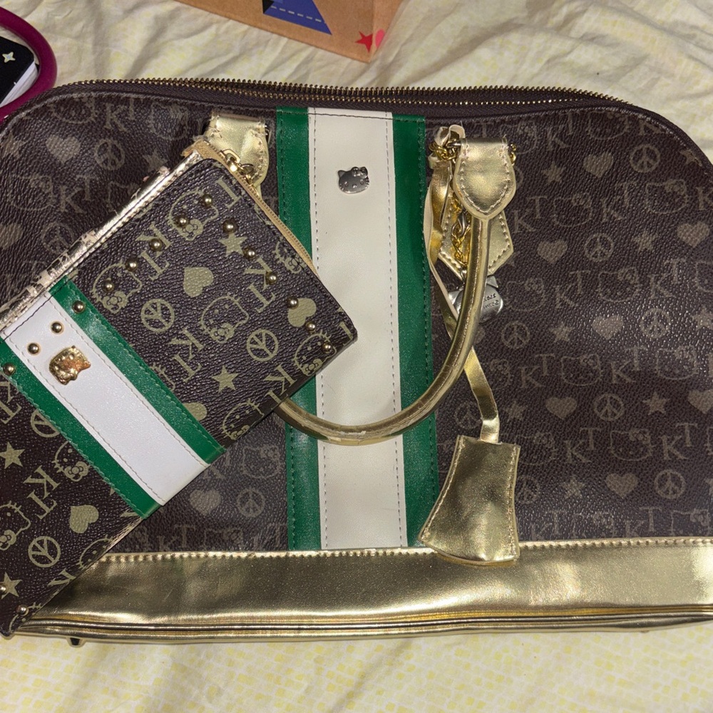 Hello Kitty Brown and Gold Satchel with Green Accent